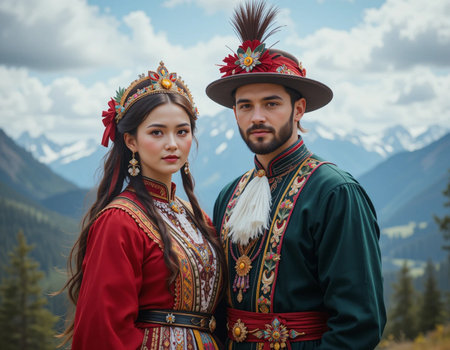 Young couple in traditional clothes posing in the mountains. Man and woman in national clothes.の素材