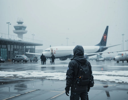 Airport security guard standing in front of the airport building during a snow stormの素材