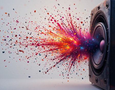 Audio speaker with colorful splashes. Music concept. 3d renderingの素材