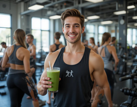 Portrait of smiling young man holding green smoothie in fitness studioの素材