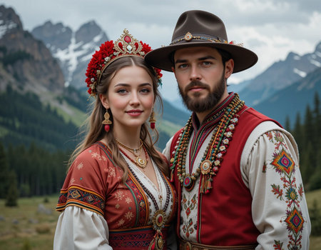 Portrait of a beautiful young couple in Ukrainian national costumes on the background of mountainsの素材