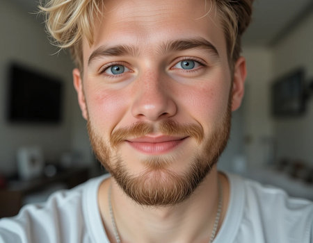 Portrait of handsome young man with beard and mustache looking at cameraの素材