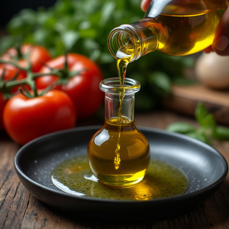 Olive oil pouring from a bottle into a bowl with fresh tomatoes and herbsの素材