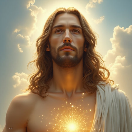 Jesus Christ with sun and clouds in the sky. 3d illustrationの素材
