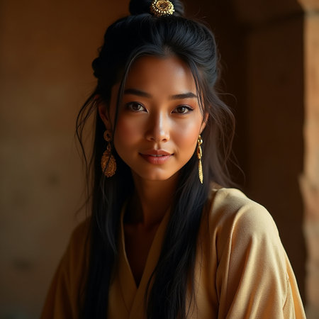 Portrait of a beautiful Asian woman wearing yellow dress and earringsの素材