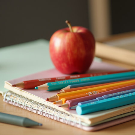 School supplies on wooden table. Back to school concept. Selective focus.の素材
