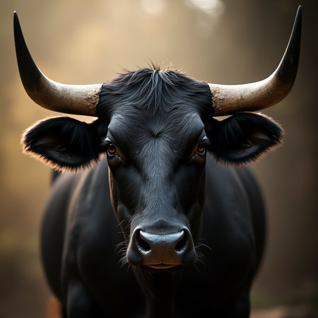 Portrait of a black cow with horns on a blurred background.の素材