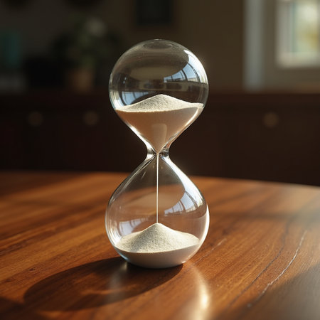 Hourglass with sand on wooden table, closeup. Time management conceptの素材