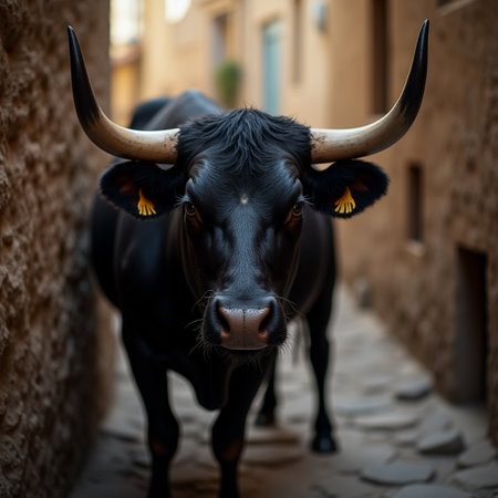Portrait of a black cow with horns in the old town of Toledo, Spainの素材