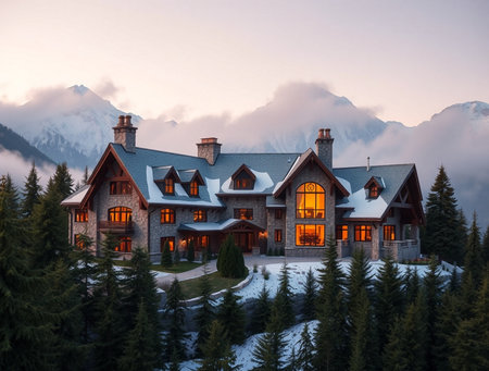 Beautiful chalet in the mountains at sunset. Tatra Mountains, Polandの素材