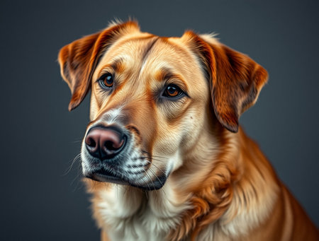 Portrait of a golden retriever dog on a gray background.の素材
