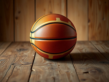 Basketball ball on a wooden floor background. 3D illustration.の素材