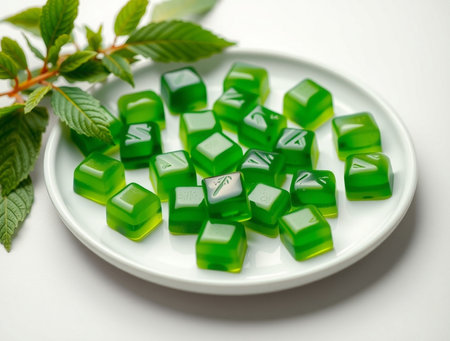 Green jelly candies with mint leaves on a white plate on a white backgroundの素材