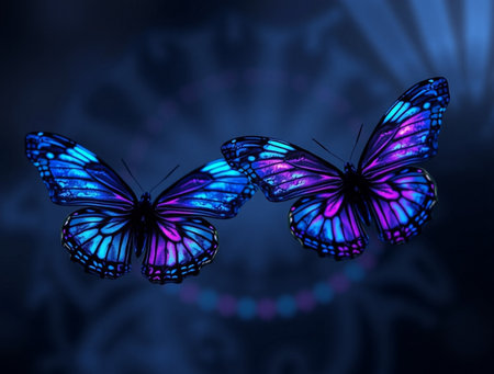 Blue butterfly on abstract blue background with space for your text. 3d illustrationの素材