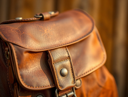 Leather handbag on a wooden background. Selective focus.の素材