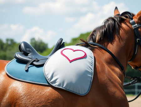 Saddle on the back of a horse, close-up.の素材