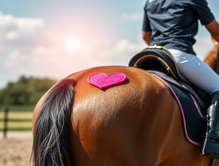Close up of a horse with pink heart on the back of riderの素材