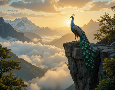 Peacock on the top of a mountain at sunrise, Nepalの素材