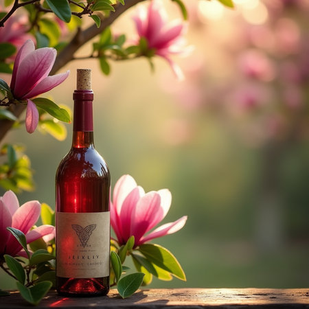 Wine bottle with magnolia flowers on bokeh background.の素材