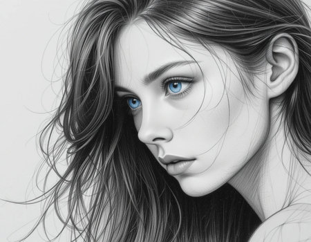 Portrait of a beautiful girl with blue eyes and long hair.の素材
