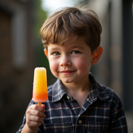 Cute little boy eating ice cream outdoors on summer day, closeupの素材