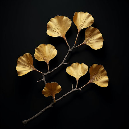 Ginkgo biloba leaves on black background. Flat lay, top view.の素材