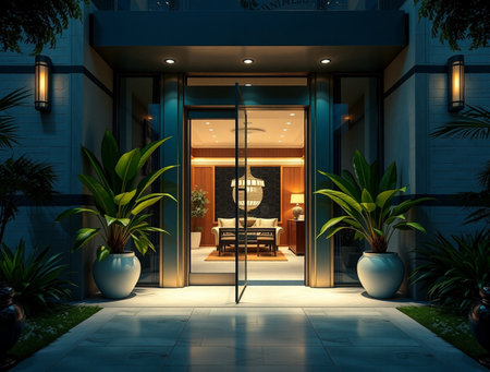 3d rendering of modern luxury house exterior design with night light.の素材