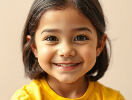 Portrait of beautiful little Asian girl smiling on light background, closeupの素材