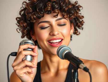 Beautiful young woman singing in microphone on gray background, closeupの素材