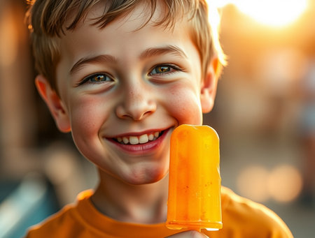 Cute little boy eating ice cream on a sunny summer day.の素材