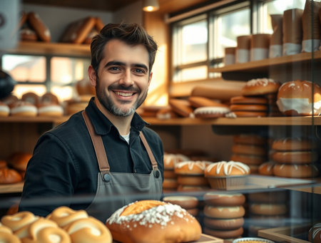 Handsome young man in apron standing in bakery and smilingの素材