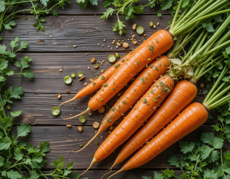 Bunch of fresh carrots with parsley on wooden background, top viewの素材