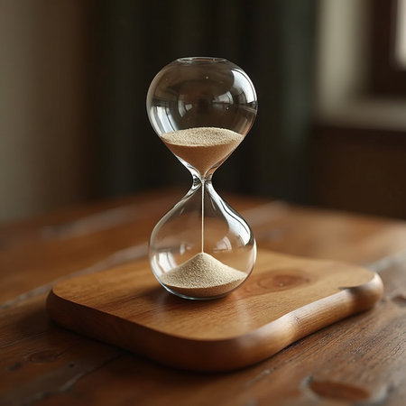 Hourglass with sand on wooden table, closeup. Time management conceptの素材