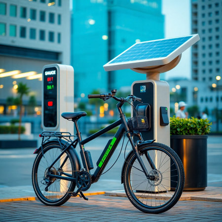 Bicycle with solar panel charging station in the city at night.の素材