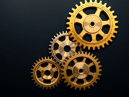 Gold gears on a black background. 3d rendering. Computer digital drawing.の素材