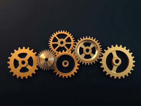 Golden gear wheels on black background. 3d illustration with copy spaceの素材