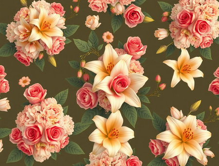 Seamless floral pattern with pink roses and lily flowers.の素材