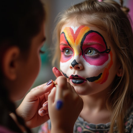 Cute little girl with face painting at home. Halloween party.の素材
