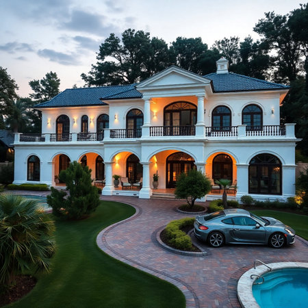 Sunset view of the beautiful Luxury mansion in the evening.の素材