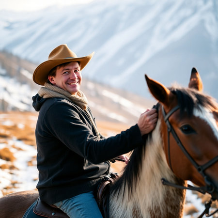 Young man riding a horse in the mountains. Horseback riding.の素材