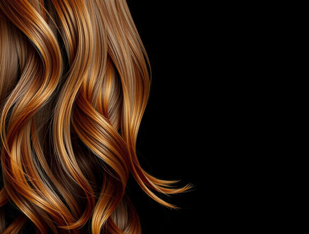 Wavy brown hair on a black background. Horizontal photo.の素材