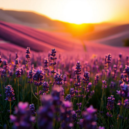 Sunset over lavender field in Provence, France.の素材