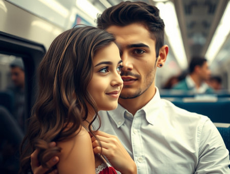 Beautiful young couple in a train, looking at each other.の素材