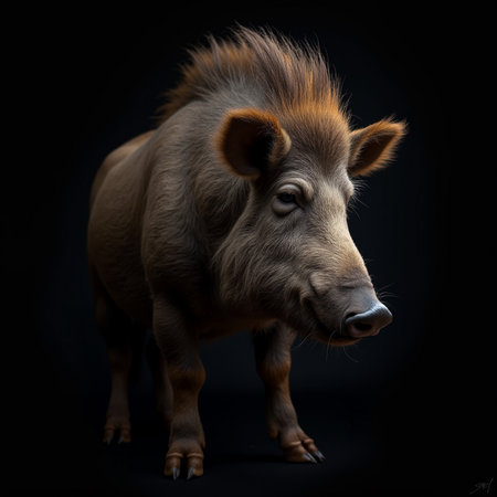 Portrait of a wild boar isolated on a black background.の素材