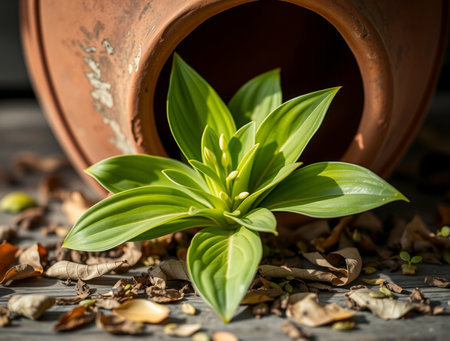 Green plant in clay pot with dry leaves on old wooden background.の素材