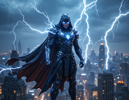 Cyborg in the city with lightning and thunder. 3d renderingの素材