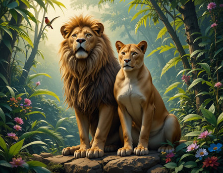 Lion and lioness in the jungle. 3D illustration.の素材
