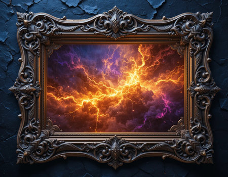 Frame with lightning on dark blue textured background. 3D renderingの素材