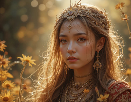 Portrait of a beautiful girl in a wreath of flowers.の素材