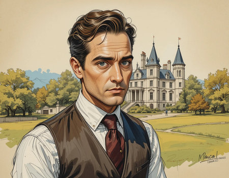 Portrait of a handsome man in front of the castle in Parisの素材